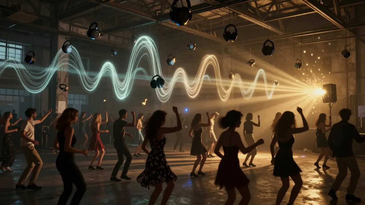 Hundreds dance in silence wearing floating headphones, one speaker erupts in golden light.