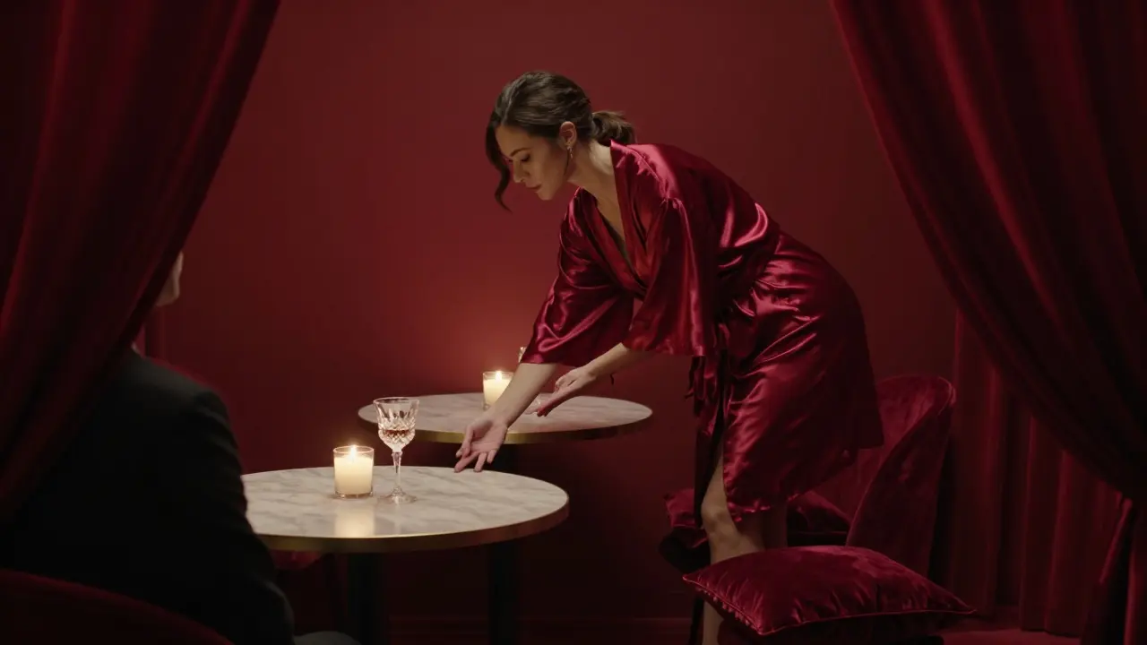 Intimate private room with candlelight, a dancer bowing to a guest in a luxurious setting.