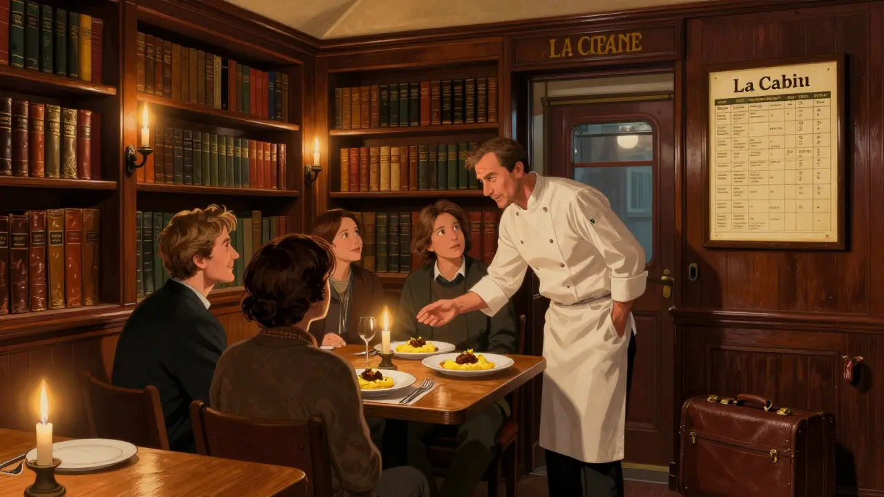 Intimate vintage library-style dining room with candlelight and chef explaining a seasonal dish.