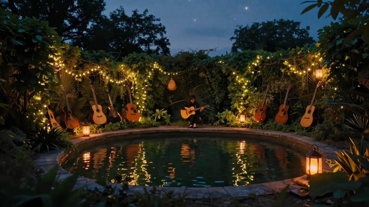 Ivy-covered private pool at Il Giardino Segreto lit by fairy lights, serene and quiet at dusk.