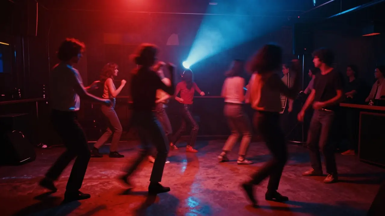 Long-exposure shot of dancers in motion under pulsing club lights, abstract trails of movement on concrete floor.