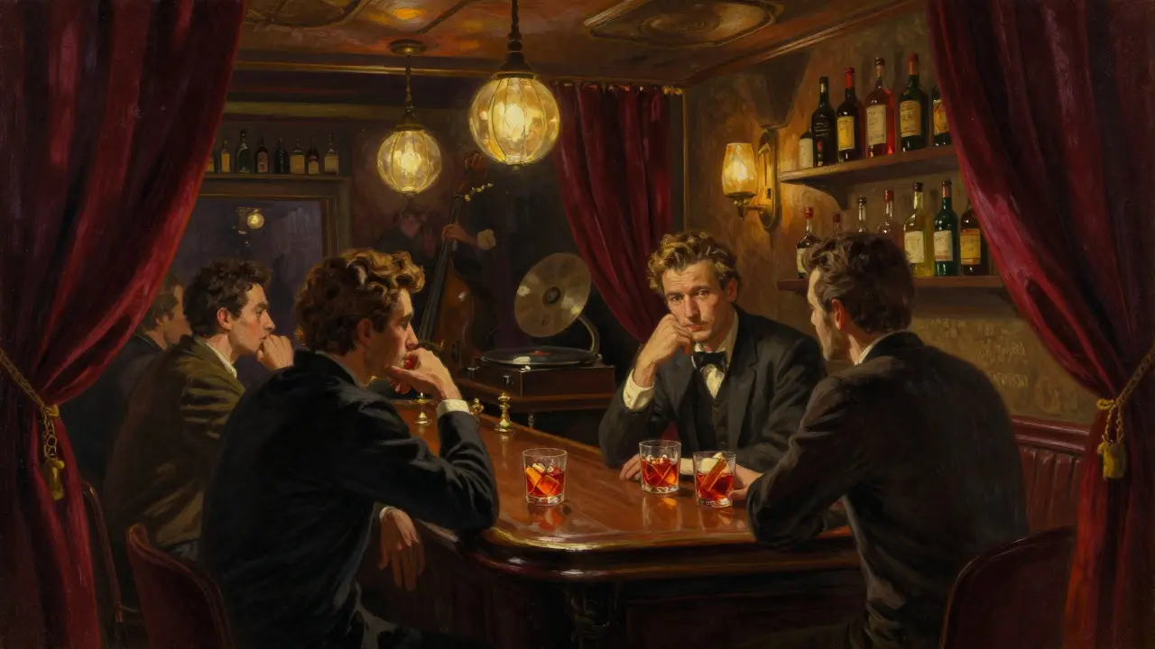 Men in a hidden Milanese speakeasy sipping Negronis under soft amber light.