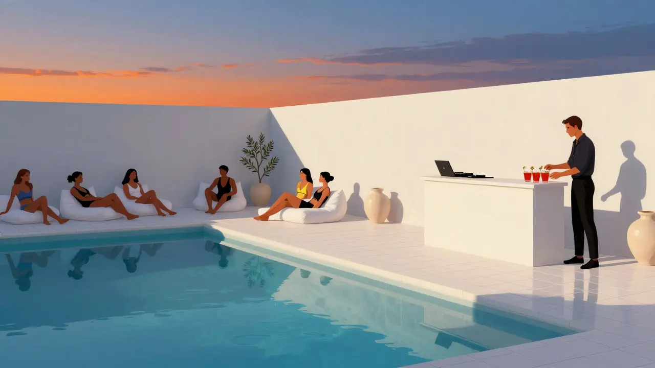 Minimalist pool at Chic &amp; Pool with guests lounging on cushions under twilight lighting.