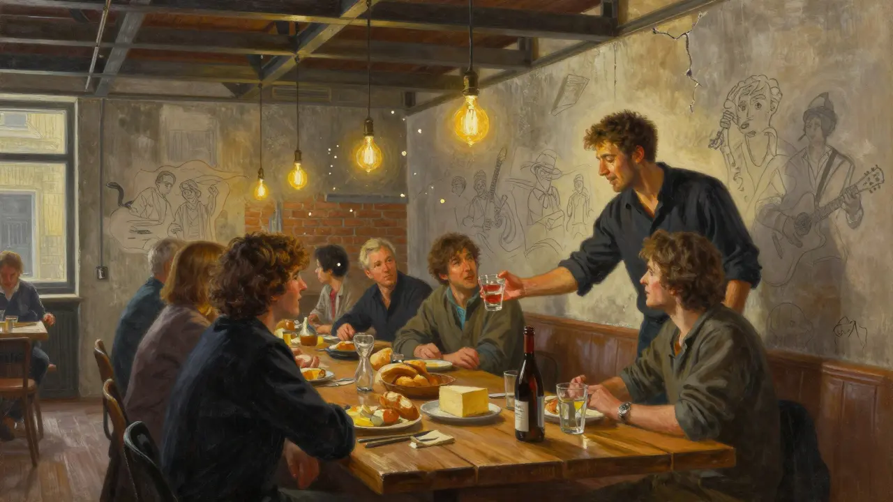 People sharing food and wine at a long wooden table in a warehouse interior, exposed brick walls and hanging bulbs casting soft light.