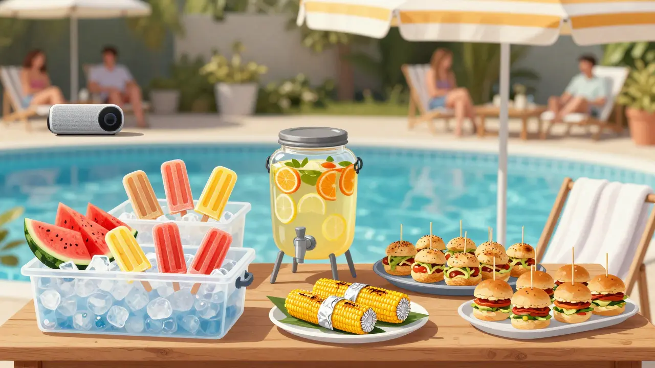 Poolside food station with watermelon, popsicles, and mini sliders on a wooden table under an umbrella.