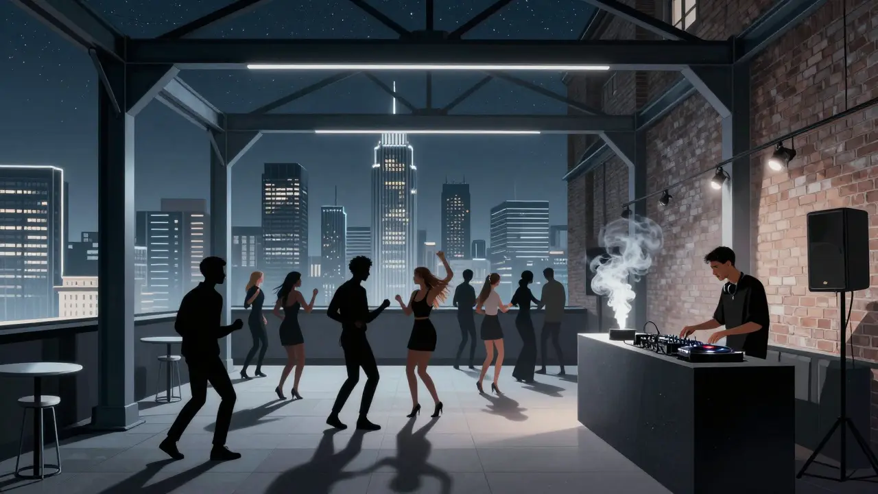 Rooftop club in Porta Nuova with skyline view, crowd dancing under industrial lighting.