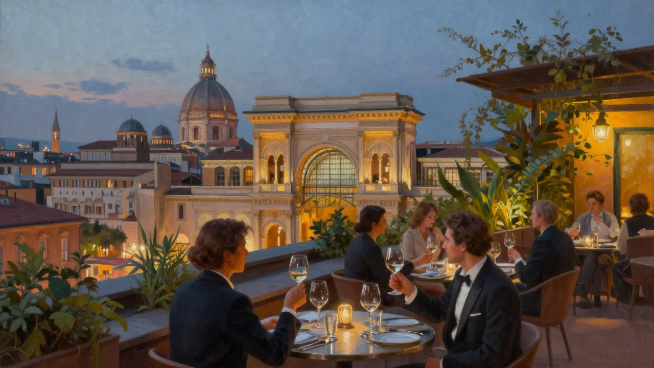 Rooftop dining at La Terrazza with Milan’s skyline glowing at dusk, wine glasses raised against a soft twilight backdrop.