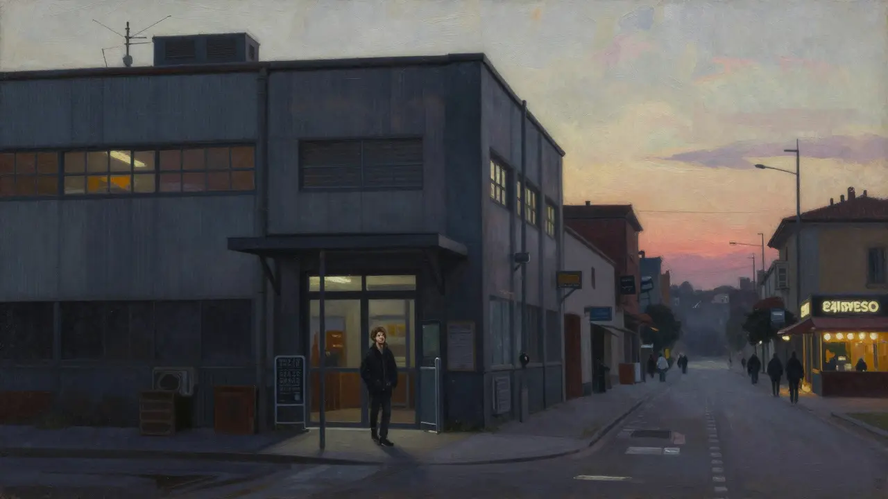 Sunrise over Milan’s quiet streets as a lone figure walks away from a glowing club entrance after a long night.