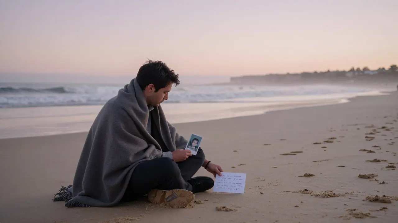 The groom sitting alone on Bondi Beach at dawn, holding a childhood photo as a friend leaves a note.