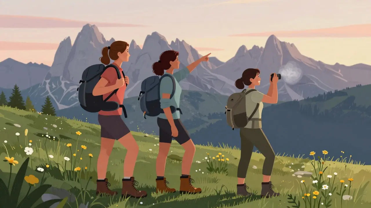Three women hiking in the Dolomites at sunrise, wearing practical gear and enjoying the mountain view.