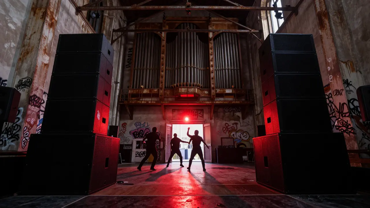 Towering speakers flank a narrow dance floor in a concrete warehouse, dancers silhouetted by neon glow.
