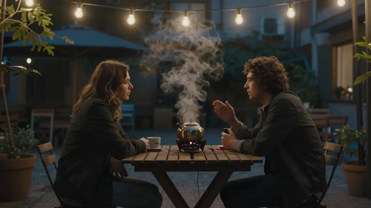 Two strangers share quiet tea at dawn in a hidden courtyard behind The Club Milano, steam rising in the cool air.