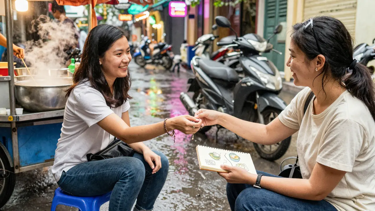 Two women exchanging gifts—a bracelet and a notebook—beside a Hanoi street food cart at dusk.