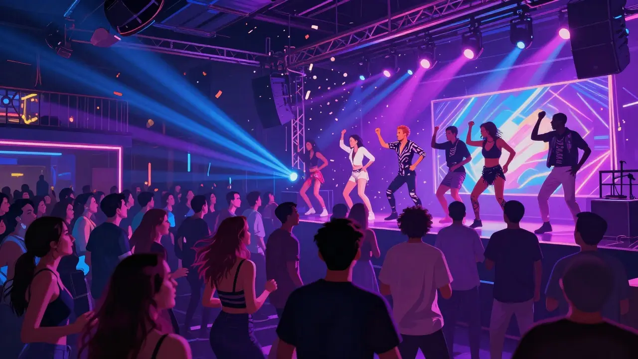 Vibrant nightclub scene with dancing crowds and neon lights in a Milan strip club.