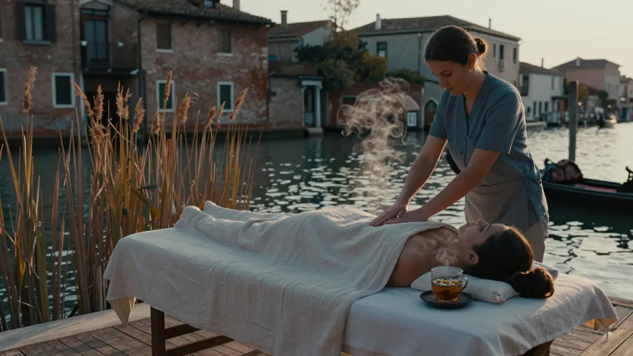 Waterfront massage by Navigli canal at sunset, tea steaming beside client on wooden table.