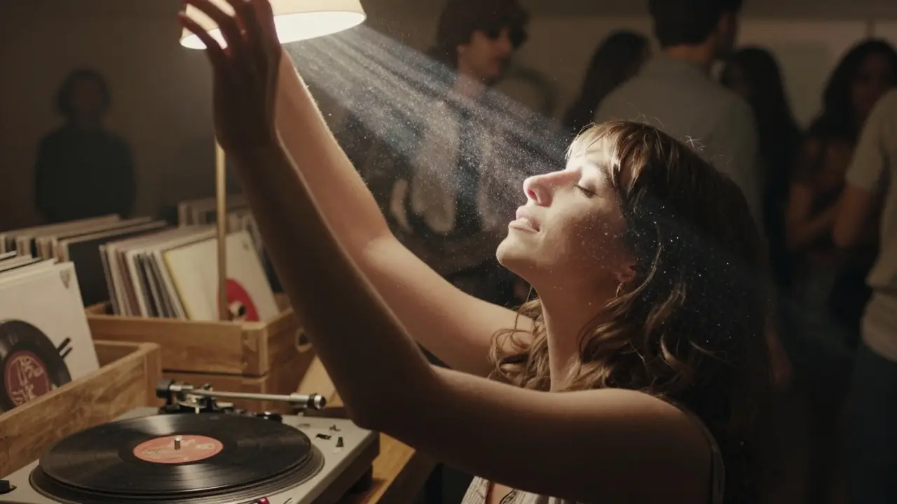 Woman lost in music during a vinyl-only set, surrounded by vintage records and glitter.