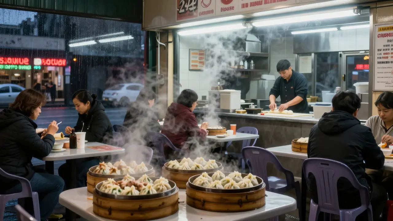 A 24-hour dumpling house at night with steaming dumplings and quiet patrons under fluorescent lights.
