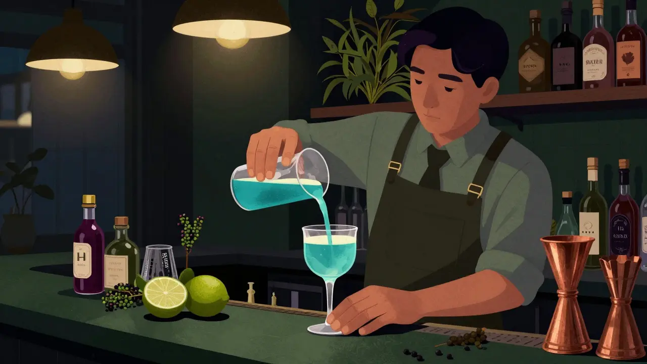 A bartender crafting a native-ingredient cocktail in a dimly lit Sydney bar with botanicals in the background.