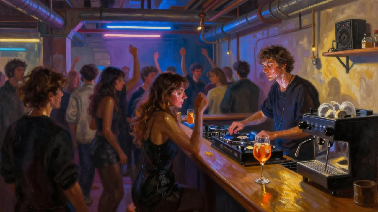 A crowded dance floor at Bobino Milano with neon lights, vinyl records, and people moving to deep house music.