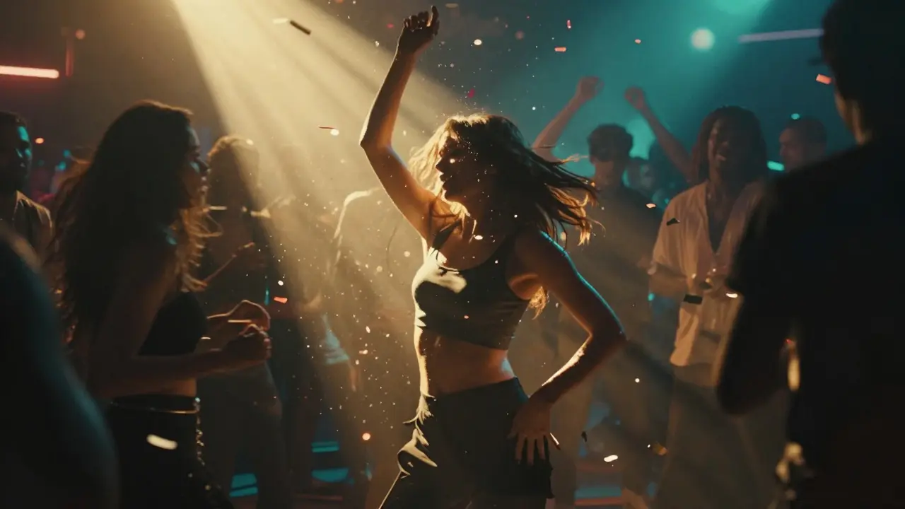 A dancer mid-movement with one arm raised, surrounded by abstract, rhythmic silhouettes under pulsing club lights.