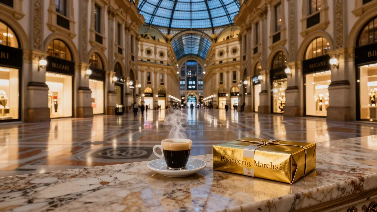 A gold-wrapped pastry rests beside an espresso cup under the grand glass dome of Galleria Vittorio Emanuele II at night.