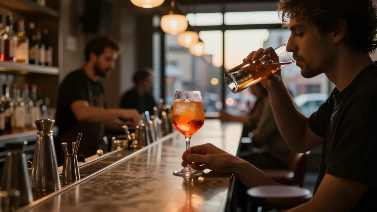 A person sipping an Aperol Spritz at a dim bar, bartender pouring instinctively, soft golden light.