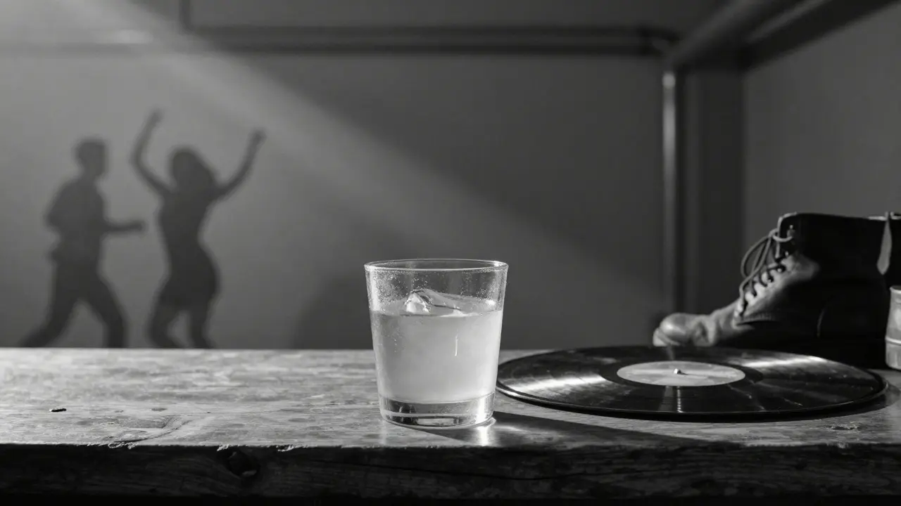 A single glass of Milano Sour on a wooden bar with vinyl record and worn boots nearby.