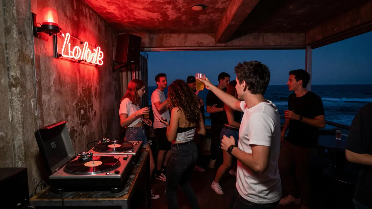 A small underground dance floor with industrial lighting and patrons dancing near an open door to the beach.