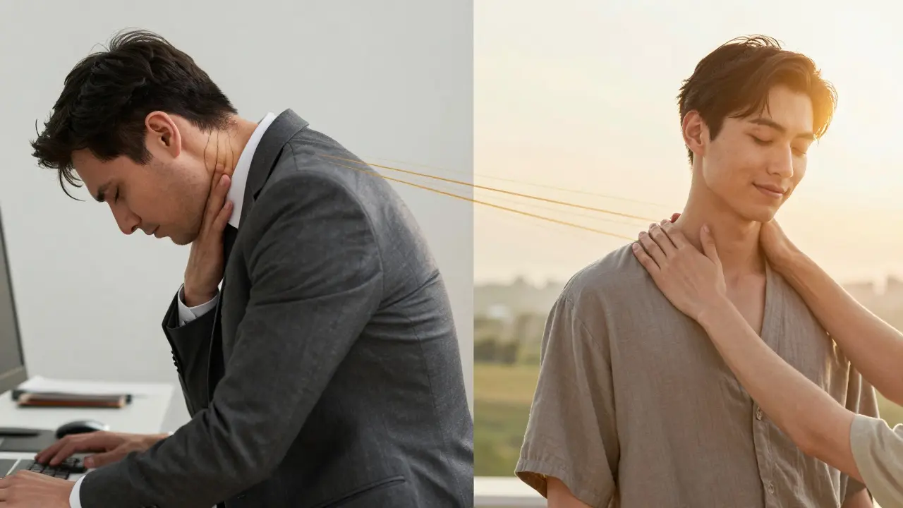 A split scene showing a tense office worker transforming into a relaxed person after massage, bathed in warm light.