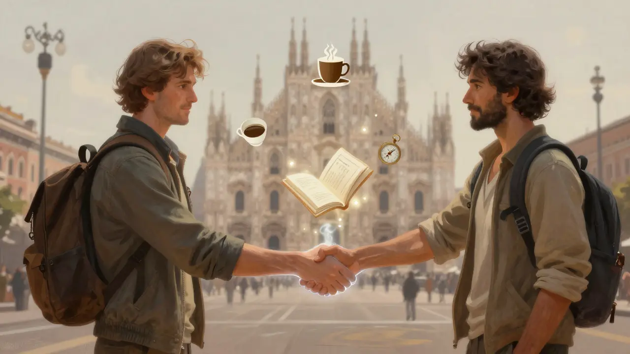 A symbolic handshake surrounded by travel symbols, representing respectful human connection abroad.