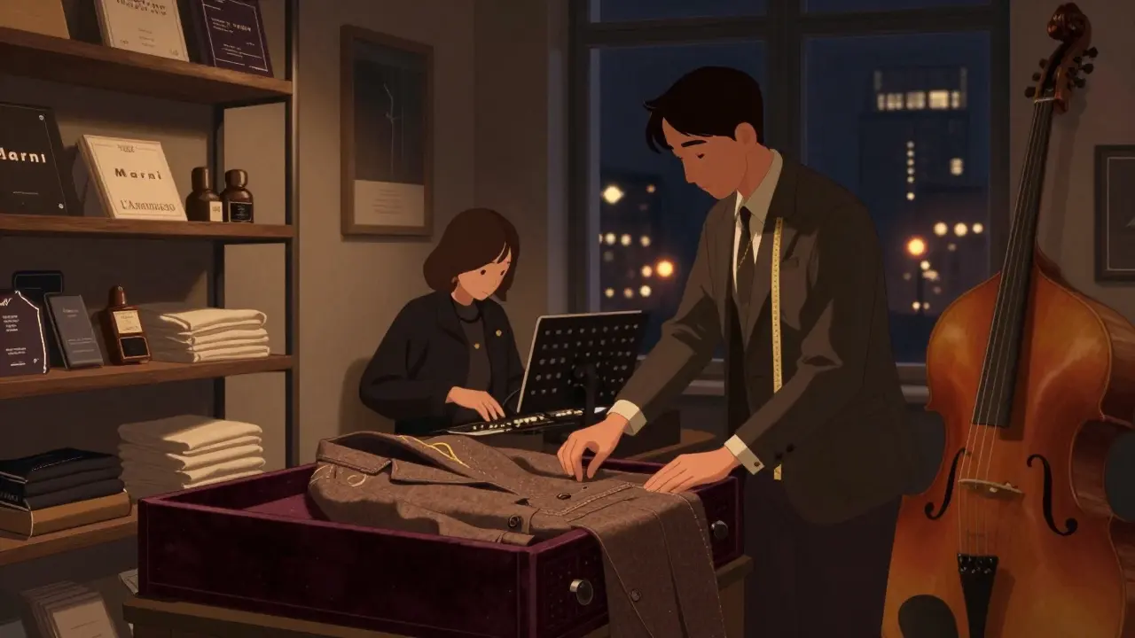 A tailor reveals a hand-stitched wool coat in the intimate, softly lit space of Corso Como 10.