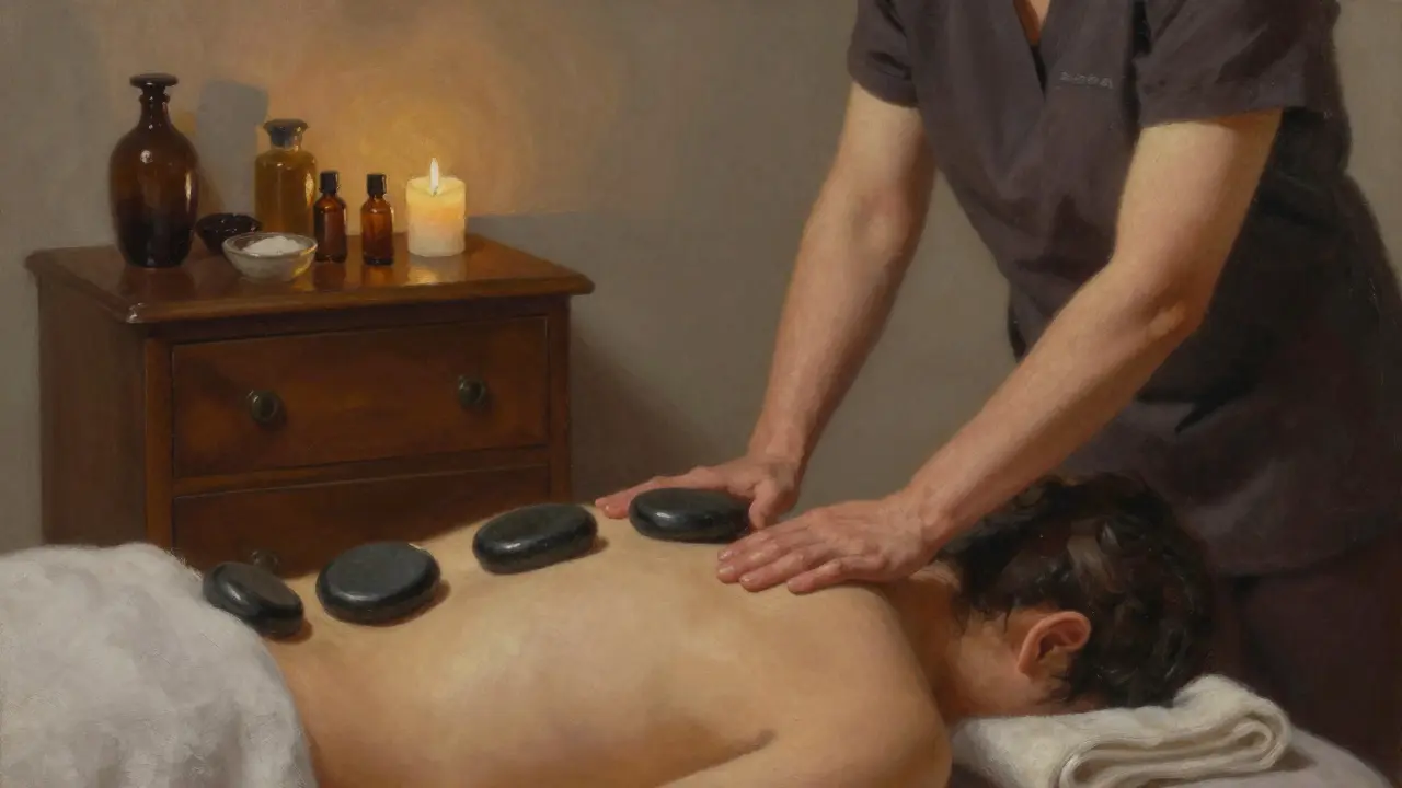 A therapist giving a massage in a quiet Brera studio using warm stones and essential oils.