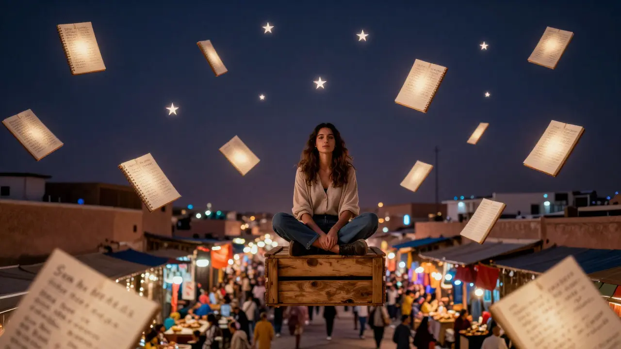 A woman floating above a Moroccan market, surrounded by glowing notebooks filled with handwritten addresses.