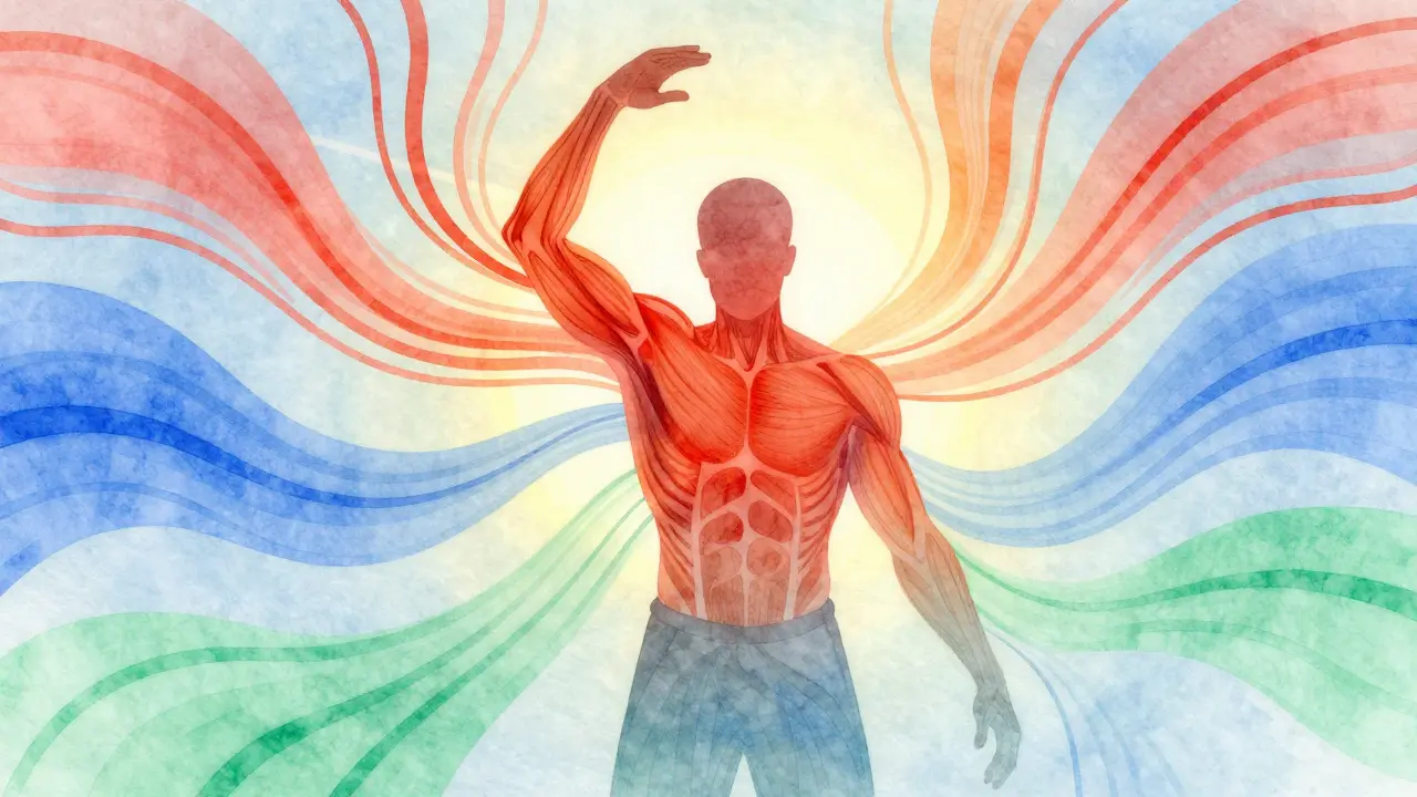 Abstract watercolor illustration of tension releasing from a human silhouette into calming waves of color.