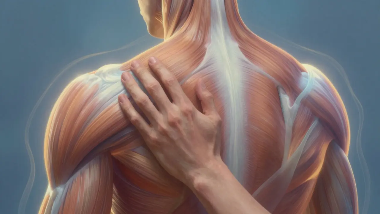 An artistic depiction of muscles and fascia releasing tension with glowing light symbols of stress reduction.