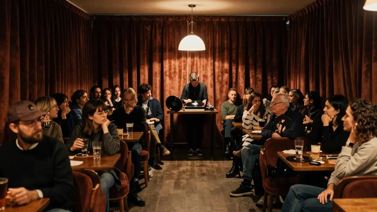 An intimate club interior with a vinyl DJ spinning records as a small group sits quietly in warm, low light.