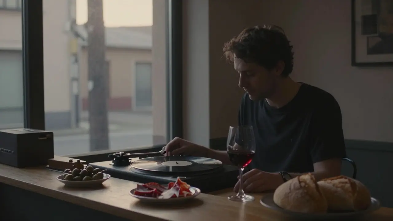 At dawn, an empty Bobino bar counter holds leftover food and a single glass, as morning light creeps in.