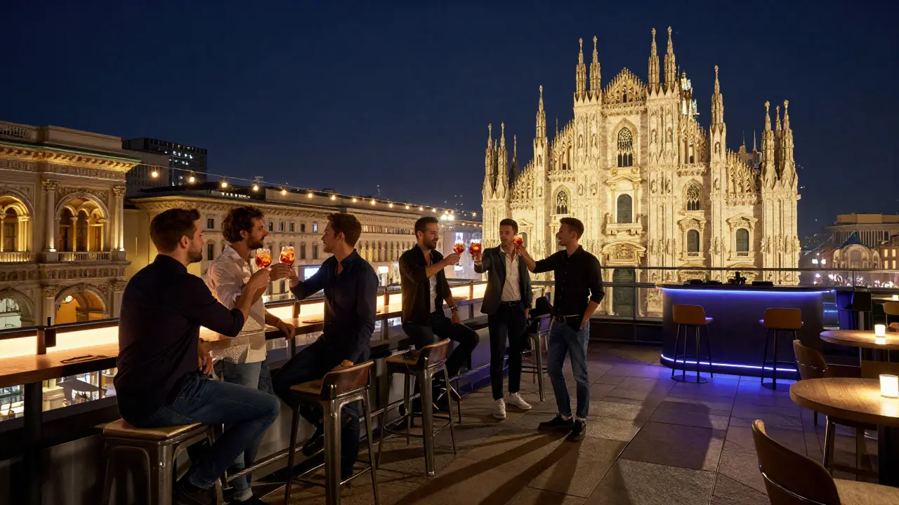 Bachelors toasting on a rooftop bar with Milan’s Duomo glowing in the night skyline.