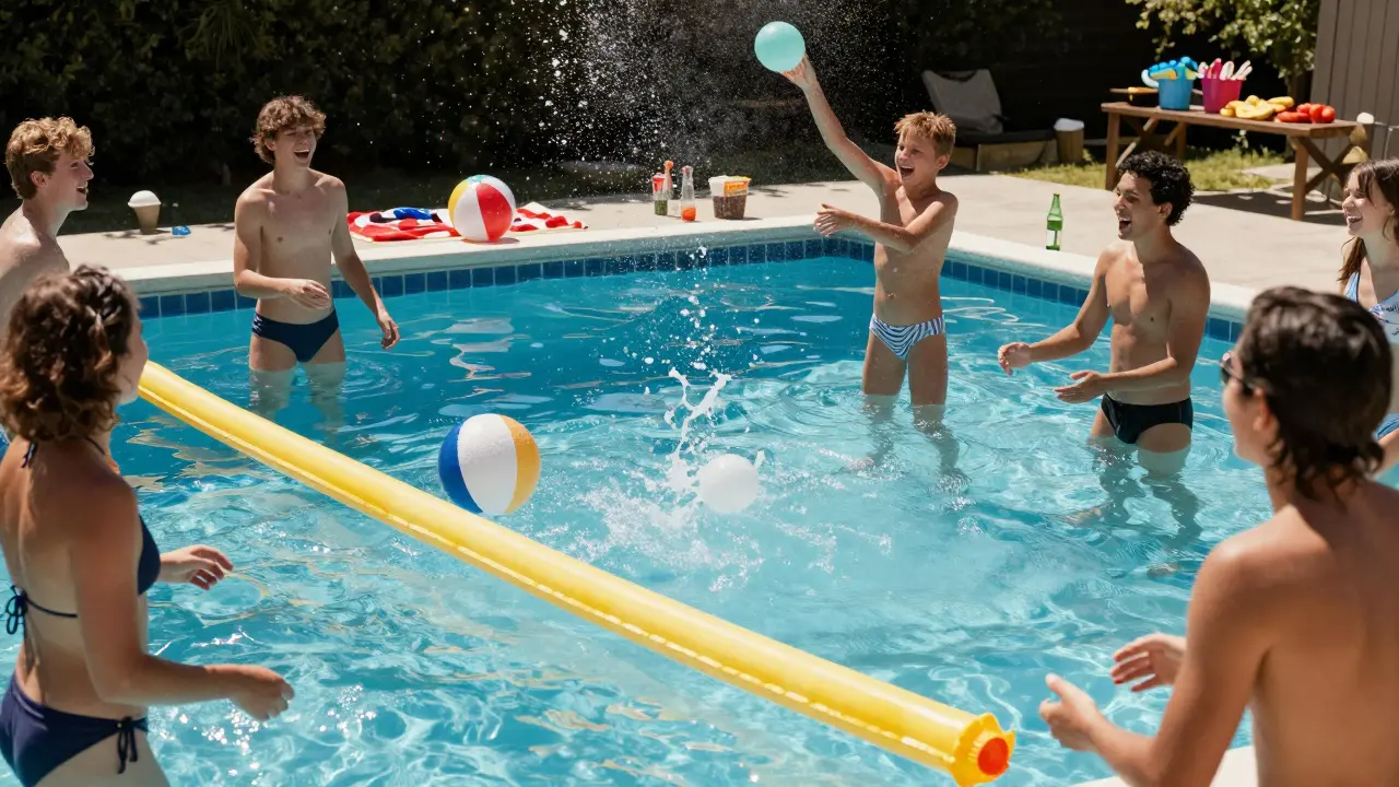 Children and adults laughing while tossing frozen water balloons at a poolside game, sunlight sparkling on the water.