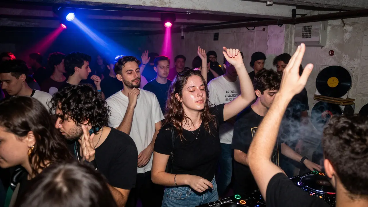 Crowd dancing in a basement club with colored lights and smoke, DJs playing as bass vibrates through the room.