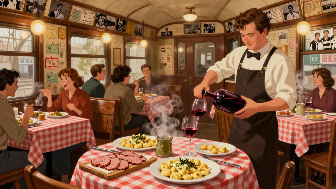 Crowded retro-style osteria with gnocchi and porchetta, walls covered in train tickets and football photos.