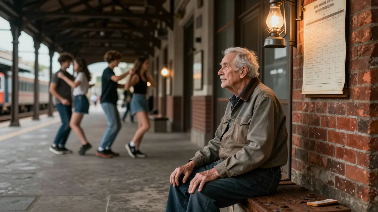 Elderly man sitting on an old loading platform as young people dance nearby, symbolizing generational continuity.
