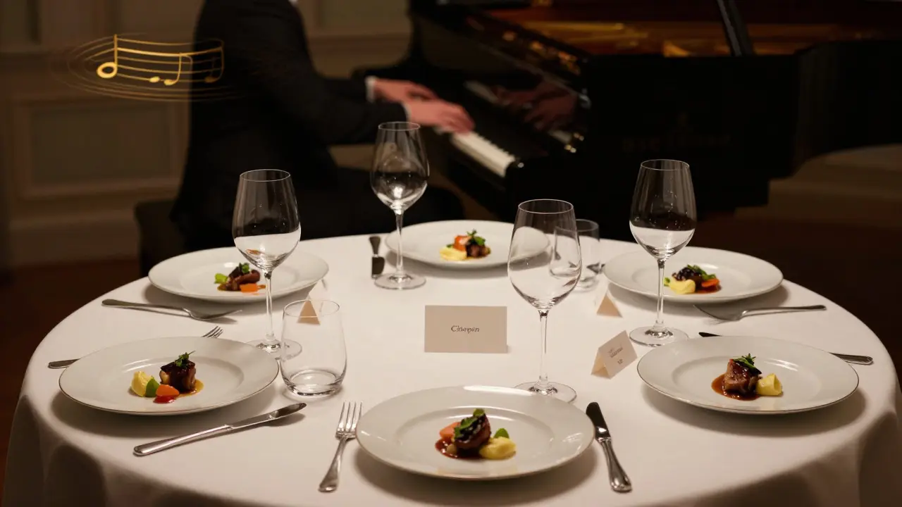 Elegant dining table with wine pairings and composer cards, a pianist’s hands blurred in soft focus.