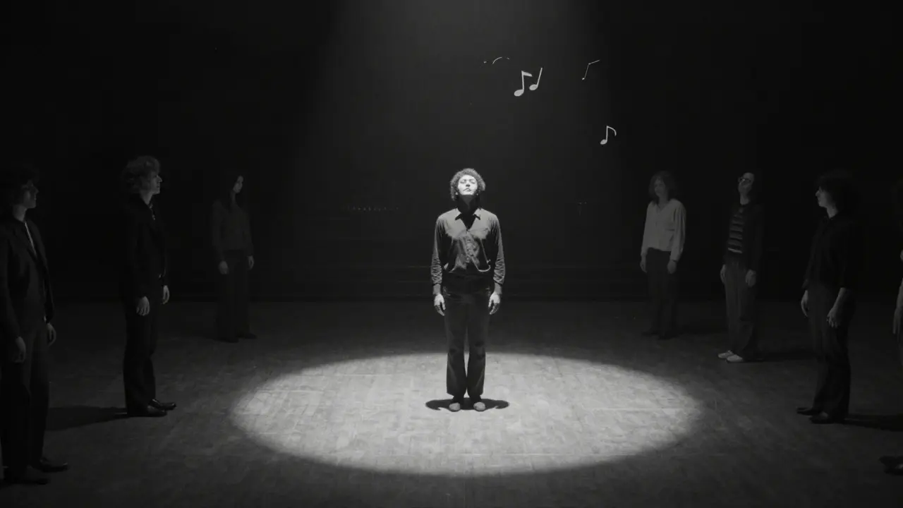Empty dance floor lit by single spotlight, person standing still in silence, shadowy figures around, black-and-white photo.