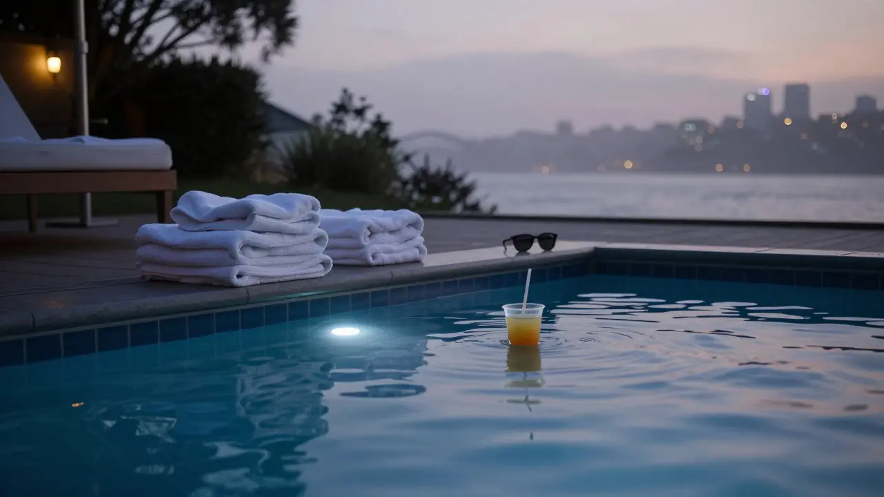 Empty pool at dusk with folded towels, melting juice bar, and soft blue lights reflecting on water.
