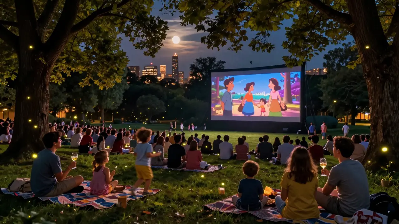 Family enjoying a movie night in a park at dusk, children playing nearby as an animated film plays on a large screen.