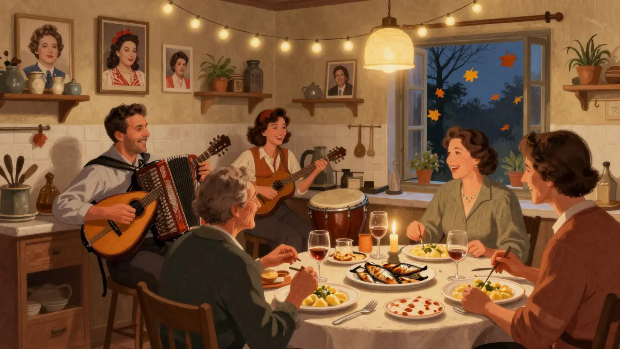 Folk band performing in a cozy kitchen with photos on the walls, guests eating gnocchi under string lights.