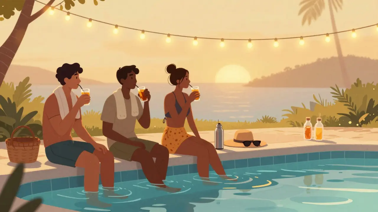 Golden hour at a pool party: guests sit quietly by the water, sipping warm drinks as fairy lights glow softly around them.