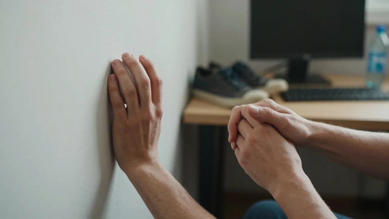 Hands using a lacrosse ball and thumbs for self-massage, with everyday stressors softly blurred in the background.