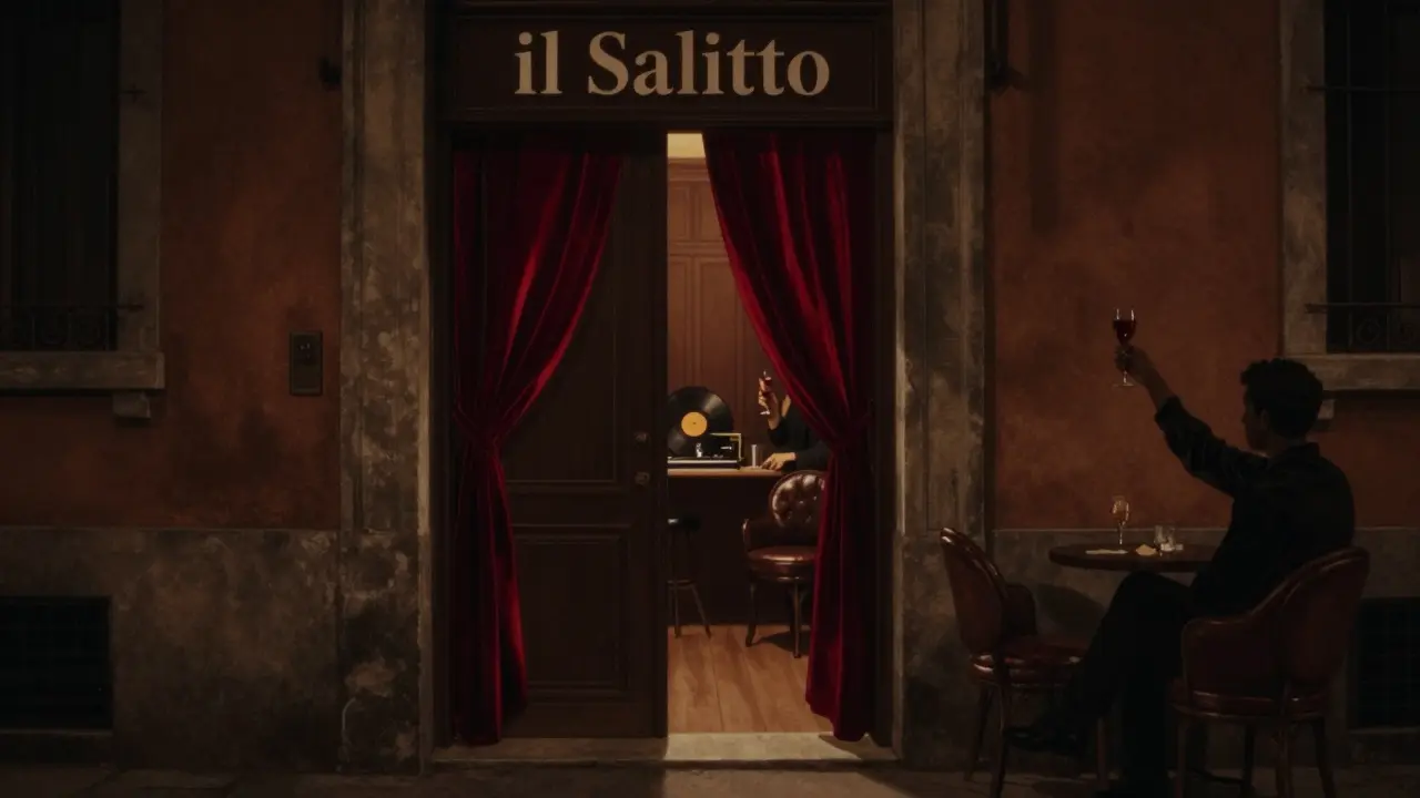 Hidden speakeasy door in Brera with a sliver of light, velvet curtains, and jazz records visible inside.